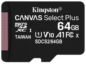 Карта памяти MicroSD 64 Гб Kingston Canvas Select Plus Класс 10 + адаптер SD , SDCS2/64GB