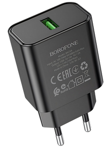 Сетевое зарядное USB устройство ( 1 USB выход ) Borofone BA72A, 18 Вт, 5-12В, 1.5-3A, QC3.0, чёрное