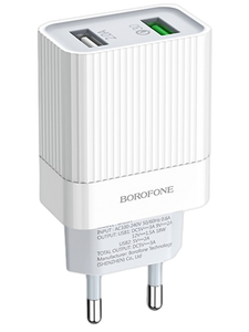 Сетевое зарядное USB устройство ( 2 USB выхода ) Borofone BA39A , 5 - 12 В , 1.5 - 3 A, QC3.0, белое