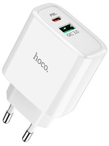 Сетевое зарядное USB устройство ( 1 USB + 1 Type-C выходы ) Hoco C57A Speed , QC3.0 , белое