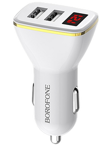 Автомобильное зарядное USB устройство ( 2 USB выхода ) Borofone BZ11 , 2.1 A , дисплей , белое