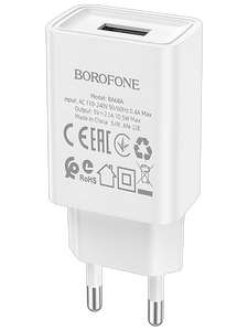 Сетевое зарядное USB устройство ( 1 USB выход ) Borofone BA68A Glacier , 5 В , 2.1 А , белое
