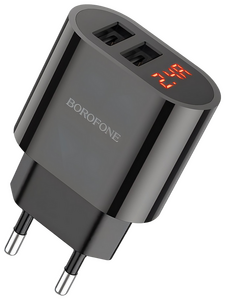 Сетевое зарядное USB устройство ( 2 USB выхода ) Borofone BA63A Richy , 5 В , 2.4 А, дисплей, чёрное